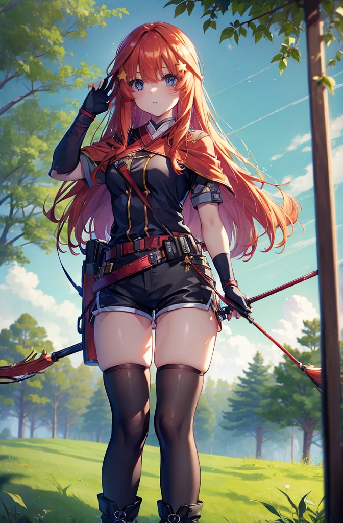 itsukinakano, itsuki nakano, bangs, blue eyes, Hair between the eyes, Redhead, star \(symbol\), hair ornaments, star hair ornaments,Long Hair,Owns an archery grip in the right hand,Carrying an archery bag,He has a quiver on one side, boots, Cape,gloves, red Knee socks, High heels, Shorts, Knee socks,whole bodyがイラストの中に入っていくように,歩いている
break outdoors, forest,forest林, break looking at viewer,whole body, 
break (masterpiece:1.2), Highest quality, High resolution, unity 8k wallpaper, (shape:0.8), (Fine and beautiful eyes:1.6), Highly detailed face, Perfect lighting, Highly detailed CG, (Perfect hands, Perfect Anatomy),