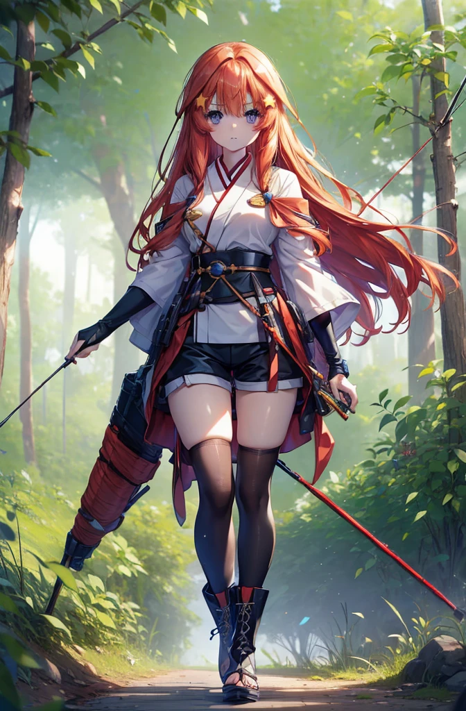 itsukinakano, itsuki nakano, bangs, blue eyes, Hair between the eyes, Redhead, star \(symbol\), hair ornaments, star hair ornaments,Long Hair,Owns an archery grip in the right hand,Carrying an archery bag,He has a quiver on one side, boots, Cape,gloves, red Knee socks, High heels, Shorts, Knee socks,whole bodyがイラストの中に入っていくように,歩いている
break outdoors, forest,forest林, break looking at viewer,whole body, 
break (masterpiece:1.2), Highest quality, High resolution, unity 8k wallpaper, (shape:0.8), (Fine and beautiful eyes:1.6), Highly detailed face, Perfect lighting, Highly detailed CG, (Perfect hands, Perfect Anatomy),