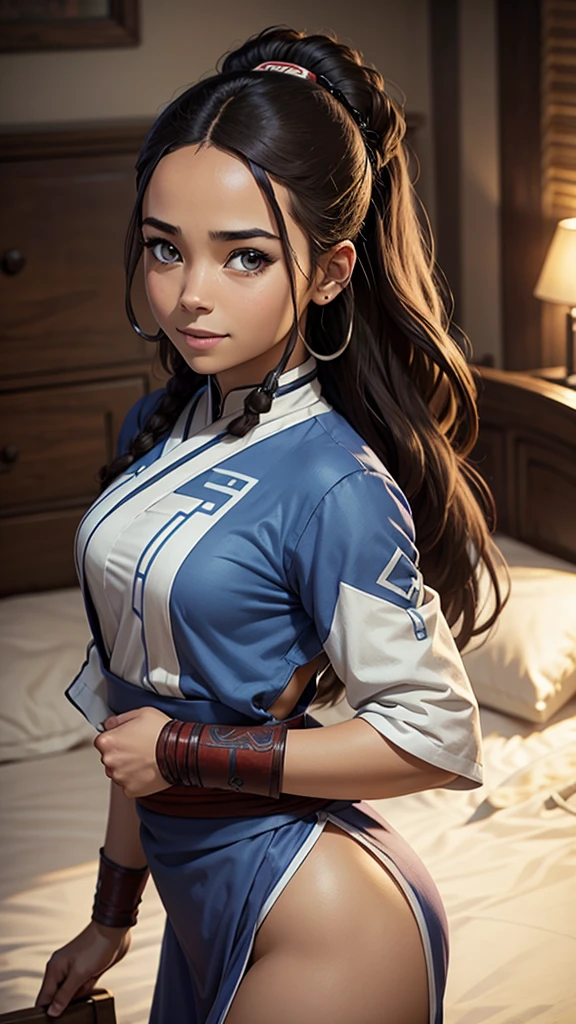 Katara, the last airbender, 1girl, fantasy, highres,  looking_away, looking_to_the_side,  original, realistic,   scenery,  Close-up, upper_body, smiling, action pose,on_bed,