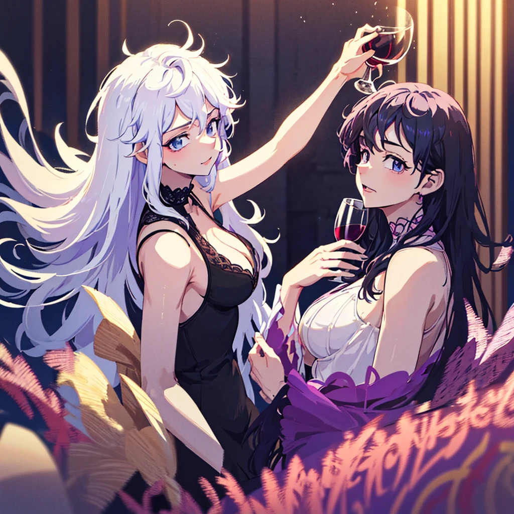 2 women one with long white hair a little wavy bright blue eyes in a sexy black dress with a glass of wine next to her a woman with long dark purple hair and bright purple eyes in a sexy black dress with a glass of wine in a club night