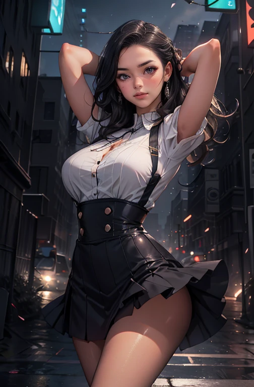 a beautiful woman with radiant eyes, a warm embrace, a bright smile, large full breasts, a mini skirt, black outfit,high quality, 8k, photorealistic, masterpiece, dramatic lighting, cinematic composition, intricate details, alluring expression, elegant pose, graceful movements