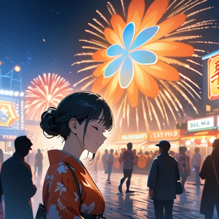 (best quality,8k,highres, masterpiece:1.2), (anime style),ultra-detailed, HDR, UHD, studio lighting, ultra-fine painting, sharp focus, physically-based rendering, extreme detail description, professional, vivid colors, bokeh, portraits, concept artists, warm color palette, dramatic lighting,Summer festival night,1 beautiful woman,(blue flower pattern kimono),updo, big smile, closed eyes, (The cityscape lined with the fairs of summer festivals),(beautiful hair, glowing skin,),(Silhouette of a passing crowd),(fireworks in sky background),Holding a Hermès Kelly Bag