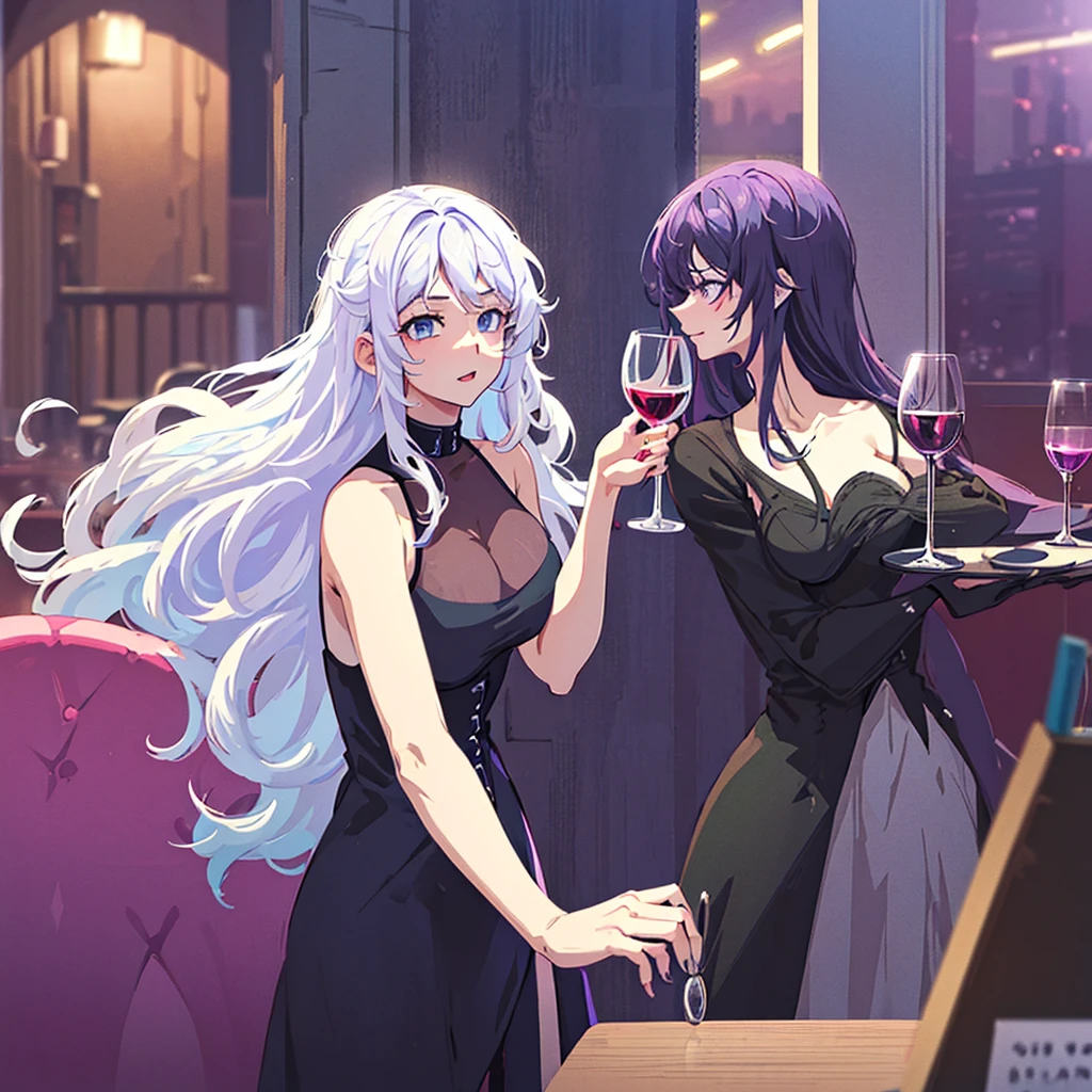 2 women one with long white hair a little wavy bright blue eyes in a sexy black dress with a glass of wine next to her a woman with long dark purple hair and bright purple eyes in a sexy black dress with a glass of wine in a club night