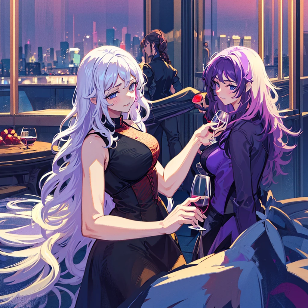 2 women one with long white hair a little wavy bright blue eyes in a sexy black dress with a glass of wine next to her a woman with long dark purple hair and bright purple eyes in a sexy black dress with a glass of wine in a club night