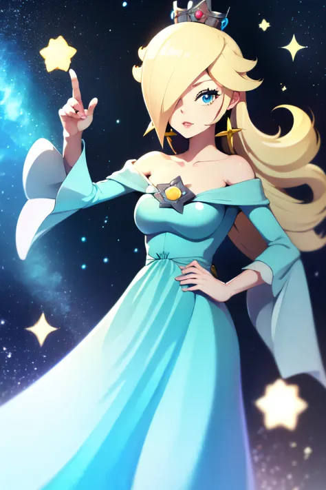 rosalina, age 21, blonde hair, blue eyes, light blue clothing, revealing, little amount of clothing, earrings, crown, in space, ...