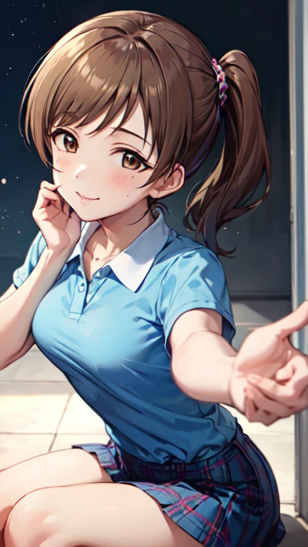 (high resolution:1.2), absurdres, (highest quality:1.2), best quality, BREAK
(detailed face,1.2), perfect face, (detailed eyes:1.2), luminous eyes, BREAK
(smooth skin:1.2), shiny skin, BREAK
1girl, solo, BREAK
aanitta, nitta minami, cinderella girls, idolmaster, BREAK
looking at viewer, slender, BREAK
very long hair, long hair, low ponytail, brown hair, brown  eyes, BREAK
medium breasts, thigh, BREAK
short sleeves, blue shirt, collared shirt, miniskirt, plaid skirt, BREAK
seductive smile, blush