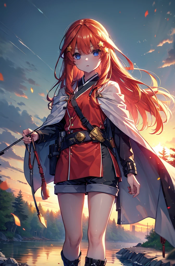 itsukinakano, itsuki nakano, bangs, blue eyes, Hair between the eyes, Redhead, star \(symbol\), hair ornaments, star hair ornaments,Long Hair,Owns an archery grip in the right hand,Carrying an archery bag,He has a quiver on one side, boots, Cape,gloves, red Knee socks, High heels, Shorts, Knee socks,whole bodyがイラストの中に入っていくように,歩いている
break outdoors, forest,forest林, break looking at viewer,whole body, 
break (masterpiece:1.2), Highest quality, High resolution, unity 8k wallpaper, (shape:0.8), (Fine and beautiful eyes:1.6), Highly detailed face, Perfect lighting, Highly detailed CG, (Perfect hands, Perfect Anatomy),