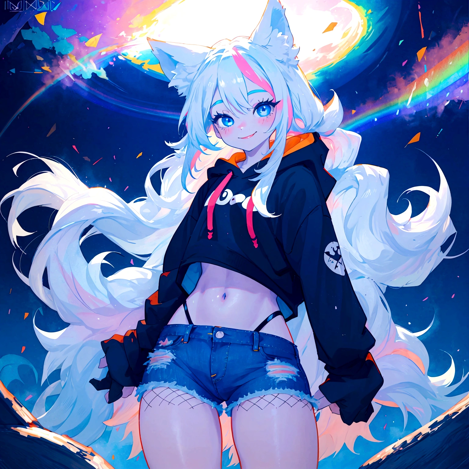 a cute adult male with wolf ears, long white hair, long locks, has a wolf tail, wearing a loose cropped black hoodie, wearing a pair of denim short shorts and fishnet stockings, thick thighs, wide hips, dancing on a mound of fluffy multi colored kawaii plushies, short, very slim, showing slender tummy, heart on hoodie, squishy thighs, has glowing blue eyes. alone, solo (ALONE)(SOLO), surrounded by rainbows, colorful galaxy backround, smiling