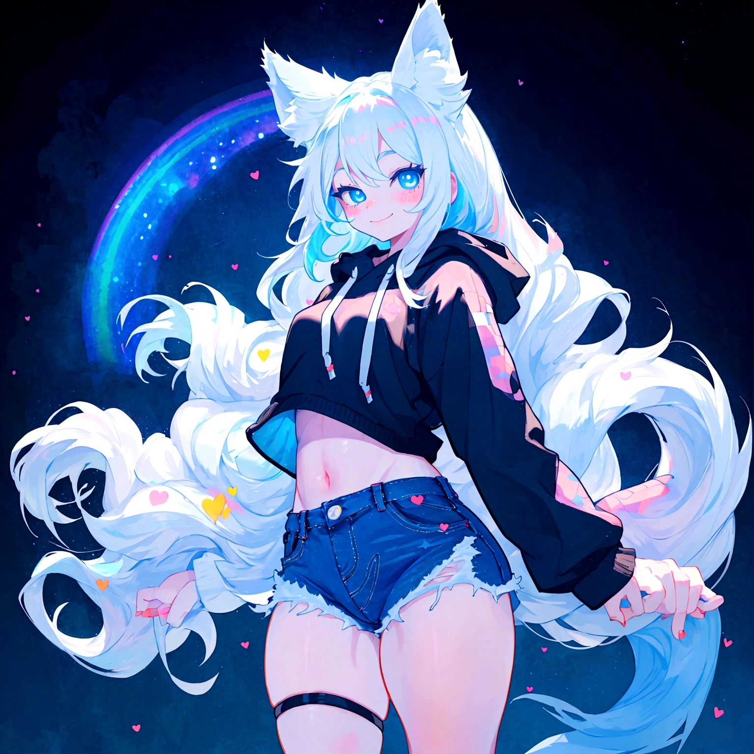 a cute adult male with wolf ears, long white hair, long locks, has a wolf tail, wearing a loose cropped black hoodie, wearing a pair of denim short shorts and fishnet stockings, thick thighs, wide hips, dancing on a mound of fluffy multi colored kawaii plushies, short, very slim, showing slender tummy, heart on hoodie, squishy thighs, has glowing blue eyes. alone, solo (ALONE)(SOLO), surrounded by rainbows, colorful galaxy backround, smiling