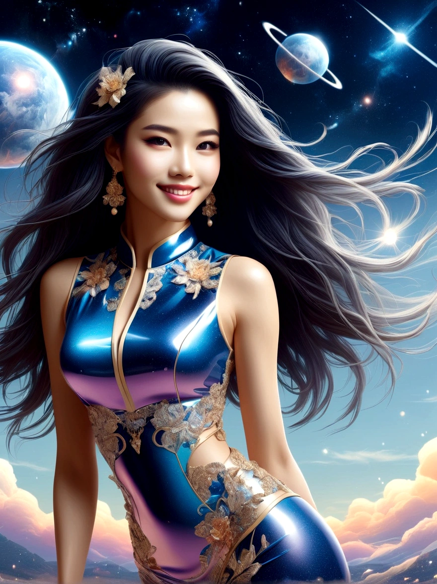 1xknh1, (full-body shot:1.4), Space Art, 1 Cheongsam woman，whole body，Standing，Transparent robotic arm，slim body，Perfect proportions，Exquisite hair accessories，Smile，Transparent mechanical shoes，Oriental elements，(bokeh)，high quality，4K，3d