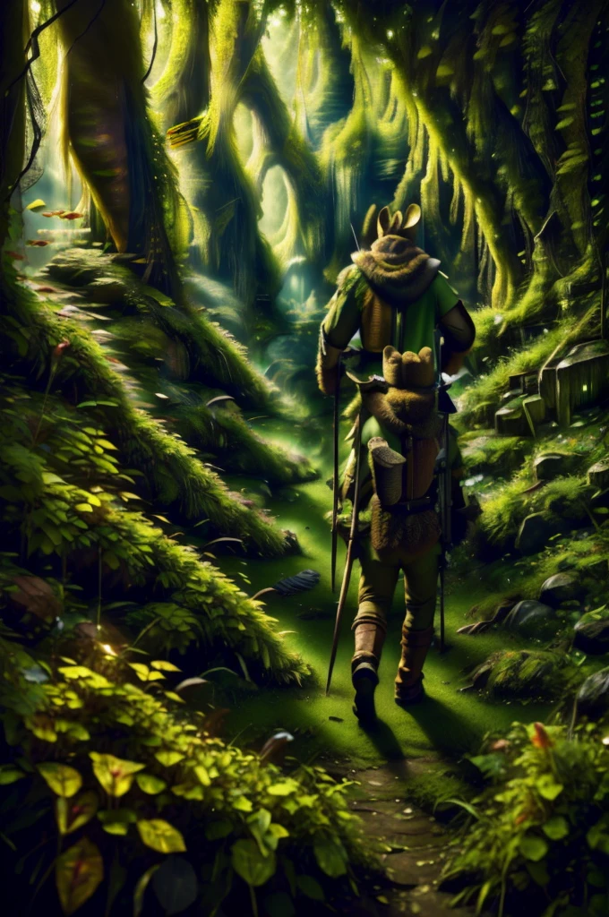 an anthropomorphic brown rabbit dressed as Robin Hood carrying a spear walking through an emerald Cave, masterpiece, best, photo realistic