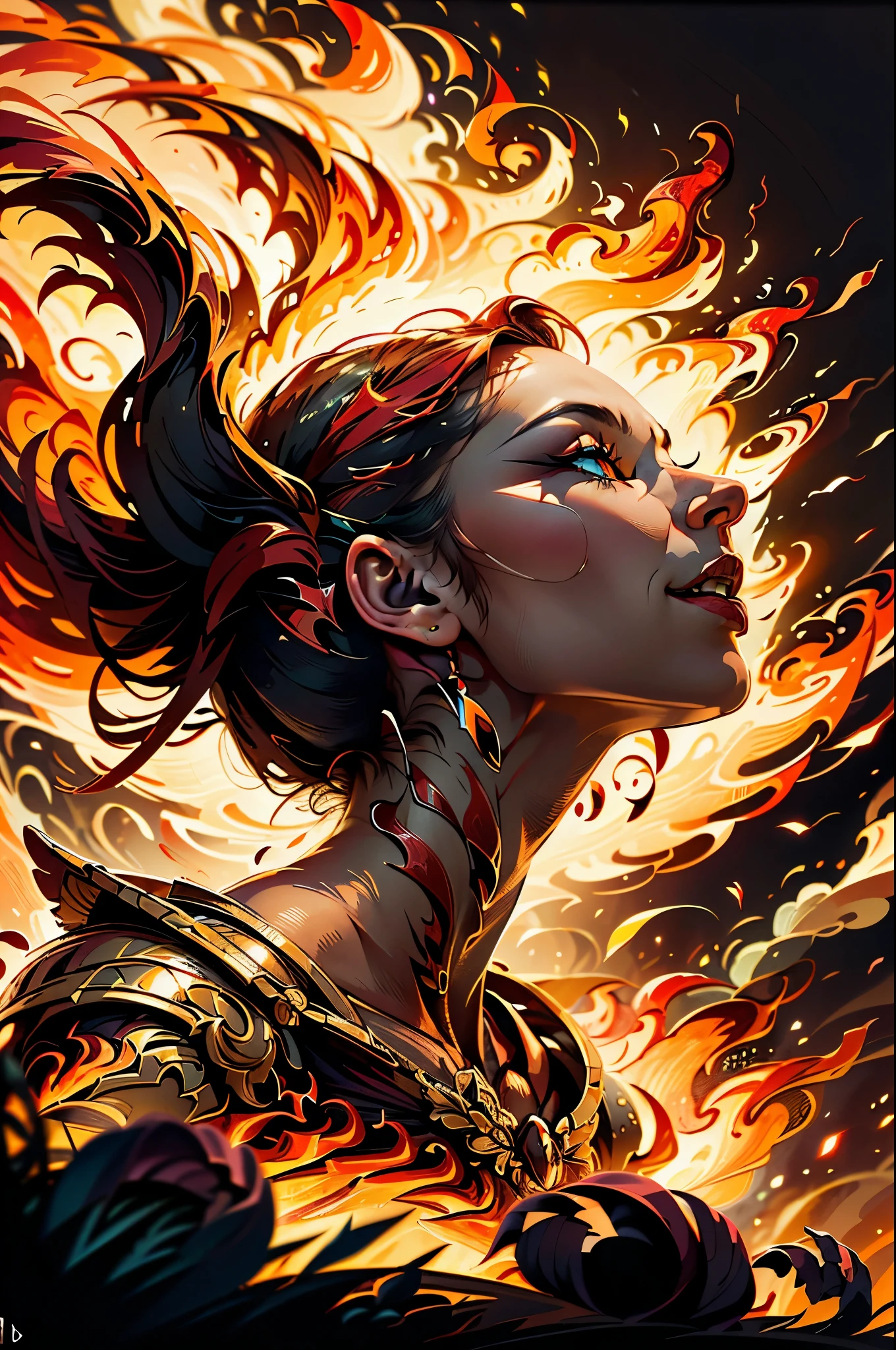 A fire spirit, being made of fire, looking up, A dynamic and cinematic portrait of a being made entirely of fire, with the entire figure composed of vibrant and detailed flames.