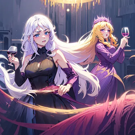 a beautiful woman with long wavy white hair, bright blue eyes, wearing a sexy black dress, holding a glass of wine, another beau...