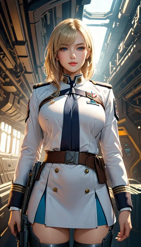 a beautiful young blonde woman, captain of a sci-fi liberator ship, confident, strong, healthy, wearing a uniform, detailed back...
