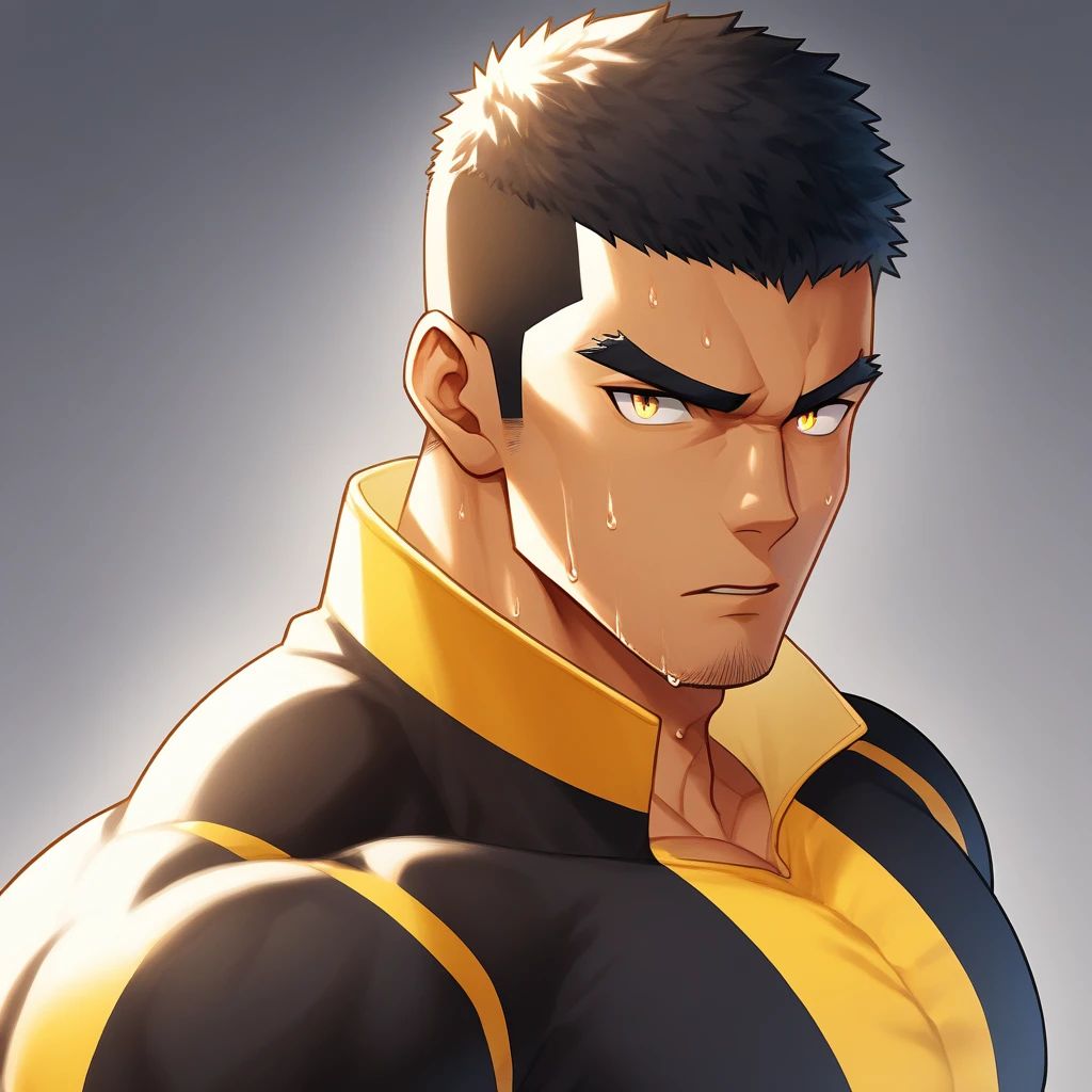 personagens de anime：Gyee,  pele negra profunda, Estudante de esportes musculares, 1 cara musculoso e durão, masculinidade, foco masculino, Close da lateral, Camiseta justa amarelo claro com gola alta e manga comprida, Muito apertado, As roupas estavam encharcadas de suor, Os músculos peitorais são superdimensionados, Ligeiramente transparente, macho musculoso, muscular, apenas, tronco, sozinho, cabelo curto preto, sobrancelhas espessas, restolho, olhos amarelos, fundo cinza, fundo simples, qualidade incrível, melhor estética, ridículo, pupilas brilhantes, corte à escovinha, lábios entreabertos, sobrancelhas em formato de V, jitome, desdém, sombra projetada, melhor qualidade