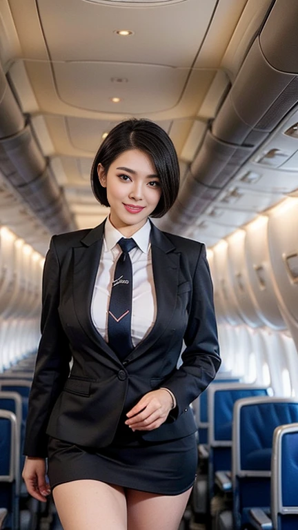 1beautiful womanl, 28years、hyperdetailed face、Detailed lips、A detailed eye、double eyelid、(Black bob hair、Smiling while walking gracefully down the aisle)、(Stewardess uniform:1.2)、((beautiful tie)) (Glamorous body)、(Colossal tits)、((short-cut hair))、（large full breasts）（big butts）（Plump body）（plump body shape）（ large full breasts）（Colossal tits）((J-Cup))、highs thighs thighs thighs, Perfect fit, Perfect image realism, Background with: (Business Class aisle on airplanes:1.2), Cowboy Shot, Meticulous background, detailed costume, Perfect litthing、Hyper-Realism、(Photorealsitic:1.4)、8K maximum resolution, (​masterpiece), ighly detailed, Professional