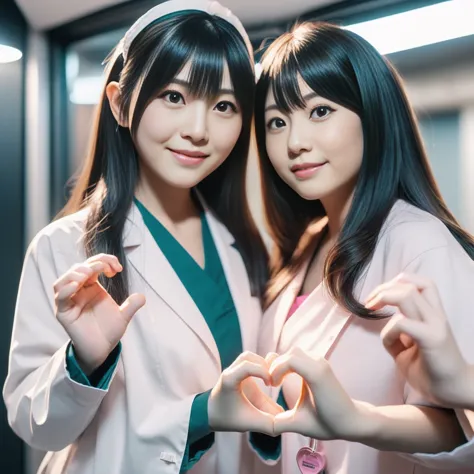 Beautiful Japanese female doctor wearing (white labcoat) and teal scrubs making (heart hands duo) gesture with cute Japanese fem...