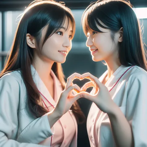 Beautiful Japanese female doctor wearing (white labcoat) and teal scrubs making (heart hands duo) gesture with cute Japanese fem...