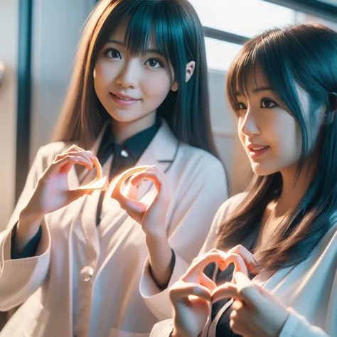 Beautiful Japanese female doctor wearing (white labcoat) and teal scrubs making (heart hands duo:1.47) gesture with cute Japanes...