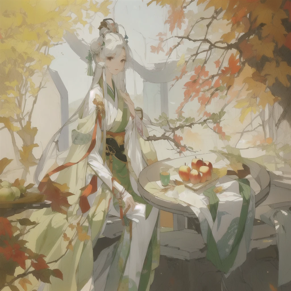 Anime girl sitting at the table，There are fruits and a plate of apples on the table, the Autumn Goddess harvest, Autumn Queen, Autumn Goddess, bian lian, heise jinyao, Onmyoji detailed art, g liulian art style, palace ， Girl wearing Hanfu, Inspired by Guillaume, author：Yang J, Inspired by Huang Shen, Inspired by Border Guardians