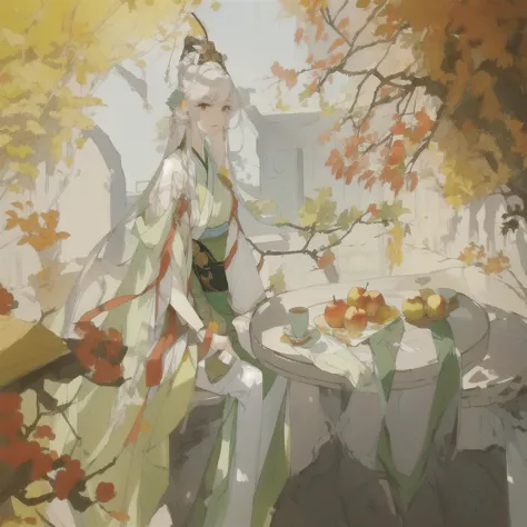 Anime girl sitting at the table，There are fruits and a plate of apples on the table, the Autumn Goddess harvest, Autumn Queen, A...