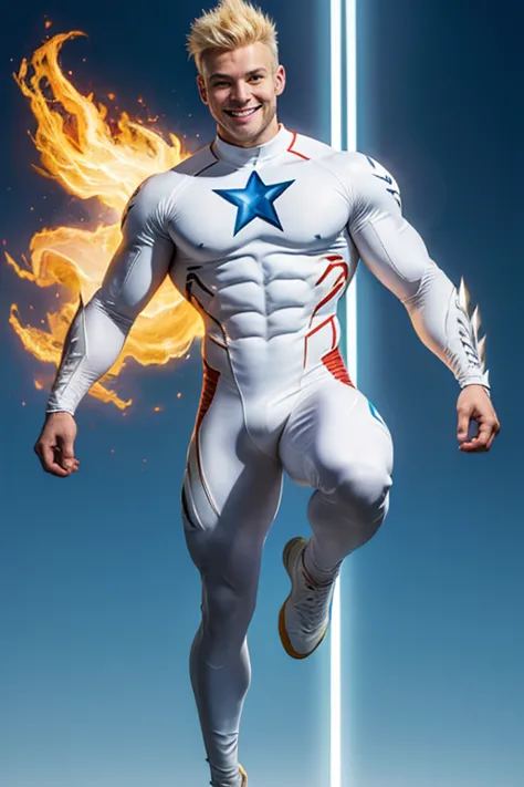 flying, young handsome muscular superhero, bright white glowing skin, bright fiery aura, with spikey blond hair, smiling, wearin...