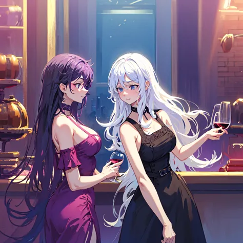 2 women one with long white hair a little wavy bright blue eyes in a sexy black dress with a glass of wine next to her a woman w...