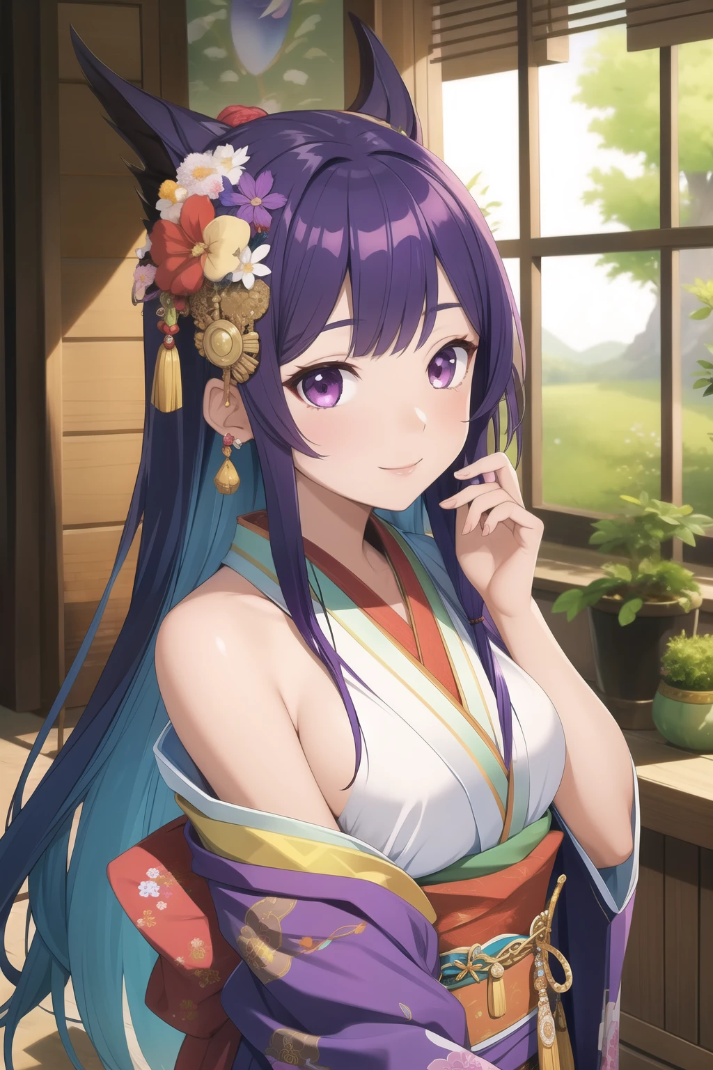 (masterpiece, best quality:1.2), Intricate details, Spirit Flower Soraka, 1 Girl, Purple Skin, Skin of color, Single speaker, kimono, Hair accessories, Bare shoulders, Smile