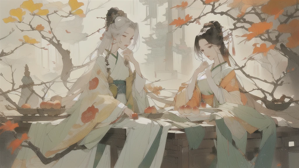 Anime girl sitting at the table，There are fruits and a plate of apples on the table, the Autumn Goddess harvest, Autumn Queen, Autumn Goddess, bian lian, heise jinyao, Onmyoji detailed art, g liulian art style, palace ， Girl wearing Hanfu, Inspired by Guillaume, author：Yang J, Inspired by Huang Shen, Inspired by Border Guardians