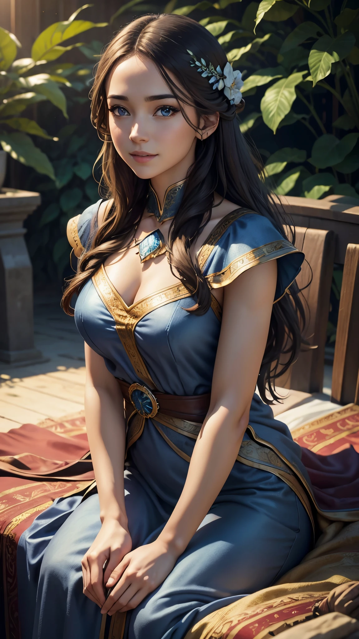 A young woman with long brown hair, beautiful detailed eyes, beautiful detailed lips, extremely detailed face, longeyelashes, wearing a blue and white dress, in a fantasy landscape setting, smiling and looking to the side, in an action pose on a bed, (best quality,4k,8k,highres,masterpiece:1.2),ultra-detailed,(realistic,photorealistic,photo-realistic:1.37),HDR,UHD,studio lighting,ultra-fine painting,sharp focus,physically-based rendering,extreme detail description,professional,vivid colors,bokeh,fantasy,scenery