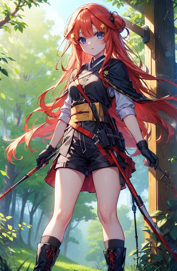 itsukinakano, itsuki nakano, bangs, blue eyes, Hair between the eyes, Redhead, star \(symbol\), hair ornaments, star hair ornaments,Long Hair,Owns an archery grip in the right hand,Carrying an archery bag,He has a quiver on one side, boots, Cape,gloves, red Knee socks, High heels, Shorts, Knee socks,whole bodyがイラストの中に入っていくように,歩いている
break outdoors, forest,forest林, break looking at viewer,whole body, 
break (masterpiece:1.2), Highest quality, High resolution, unity 8k wallpaper, (shape:0.8), (Fine and beautiful eyes:1.6), Highly detailed face, Perfect lighting, Highly detailed CG, (Perfect hands, Perfect Anatomy),