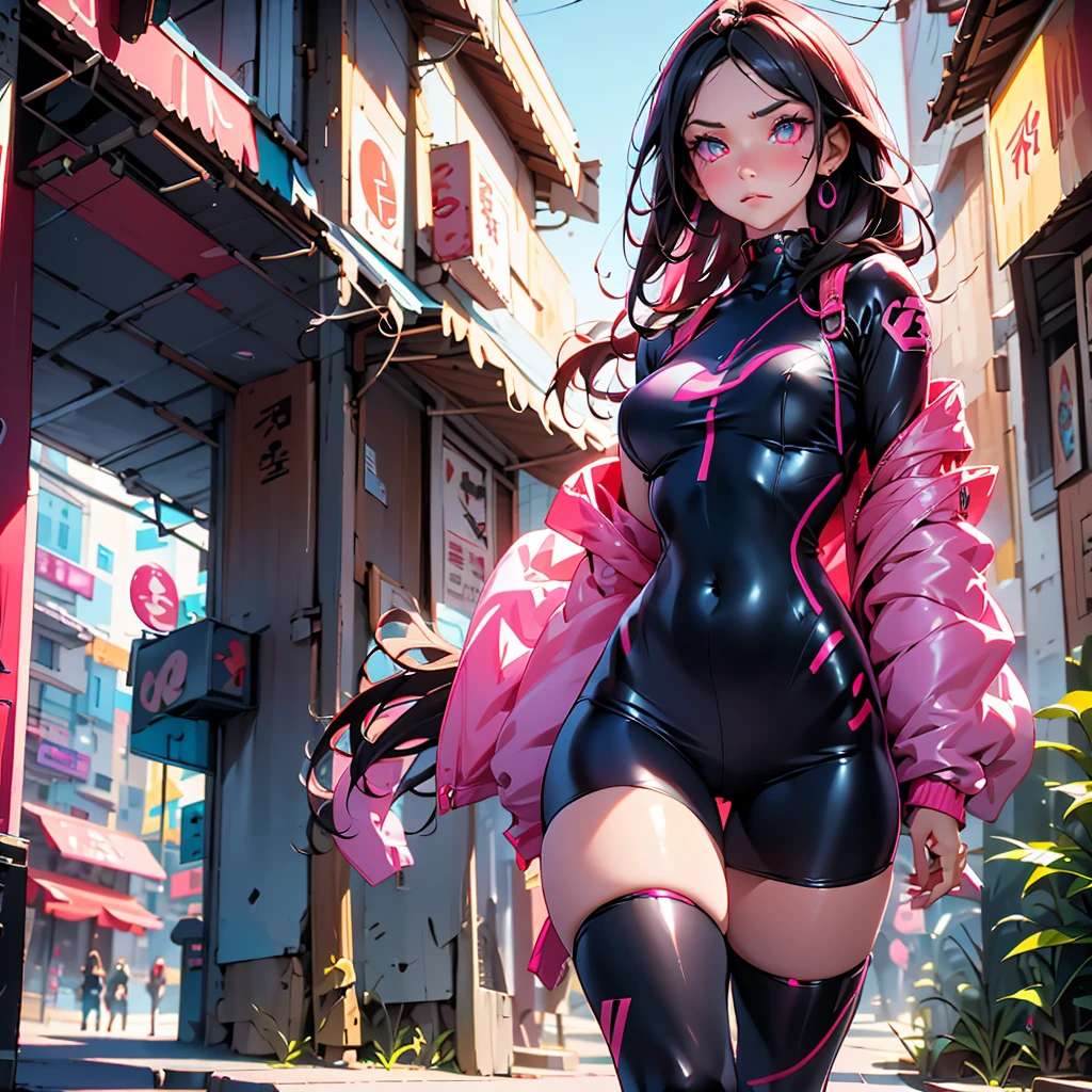 Demon Slayer의 Nezuko를 닮은 젊은 여성의 AI 이미지 생성: 검은색 긴 머리에 일본식 장식을 한 , 눈에 띄는 핑크색 눈. 그녀는 복잡한 검은색 디테일로 장식된 미래 지향적인 핑크색 기술 복장을 입고 있습니다., 애니메이션과 오버워치 게임의 캐릭터 디자인을 연상시킵니다.. 이 장면은 그녀가 일본에서 영감을 받은 사이버펑크 도시를 걷는 모습을 묘사합니다., 네온사인과 동양적인 분위기가 어우러진 현대적인 건물이 특징. 머리부터 허리까지 초점이 맞춰져야 해요, 이 역동적인 분위기 속에서 그녀의 존재감을 포착해 보세요, 미래 지향적인 설정.