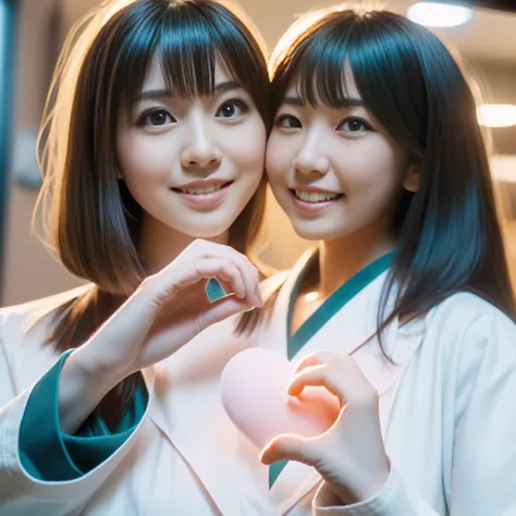 Beautiful Japanese female doctor wearing (white labcoat) and teal scrubs making (heart hands duo) gesture with cute Japanese fem...