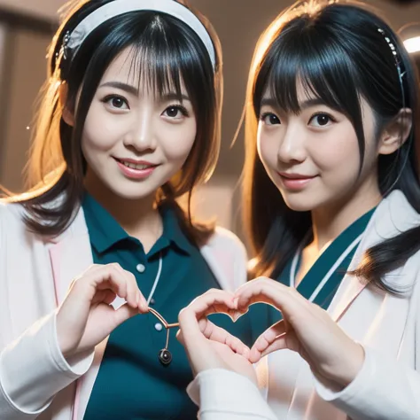 Beautiful Japanese female doctor wearing (white labcoat) and teal scrubs making (heart hands duo) gesture with cute Japanese fem...
