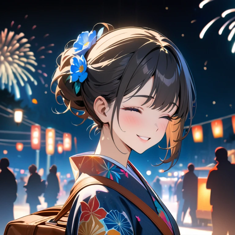 (best quality,8k,highres, masterpiece:1.2), (anime style),ultra-detailed, HDR, UHD, studio lighting, ultra-fine painting, sharp focus, physically-based rendering, extreme detail description, professional, vivid colors, bokeh, portraits, concept artists, warm color palette, dramatic lighting,Summer festival night,1 beautiful woman,(blue flower pattern kimono),updo, big smile, closed eyes, (The cityscape lined with the fairs of summer festivals),(beautiful hair, glowing skin,),(Silhouette of a passing crowd),(fireworks in sky background),Holding a Hermès Kelly Bag