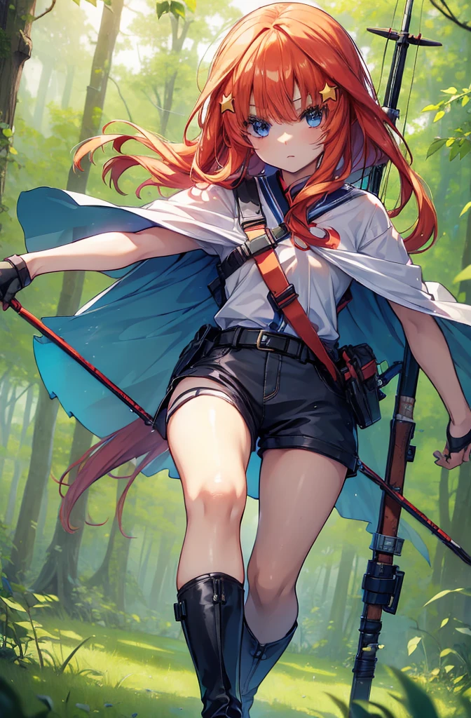 itsukinakano, itsuki nakano, bangs, blue eyes, Hair between the eyes, Redhead, star \(symbol\), hair ornaments, star hair ornaments,Long Hair,Owns an archery grip in the right hand,Carrying an archery bag,He has a quiver on one side, boots, Cape,gloves, red Knee socks, High heels, Shorts, Knee socks,whole bodyがイラストの中に入っていくように,歩いている
break outdoors, forest,forest林, break looking at viewer,whole body, 
break (masterpiece:1.2), Highest quality, High resolution, unity 8k wallpaper, (shape:0.8), (Fine and beautiful eyes:1.6), Highly detailed face, Perfect lighting, Highly detailed CG, (Perfect hands, Perfect Anatomy),