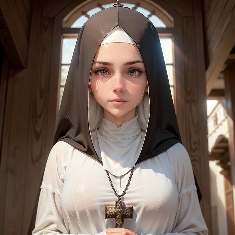 (Masterpiece, Young Nun), (High Quality, Spiritual Figure), (Female Character, Religious Icon), (Detailed Attire, Habit), (Nun's Veil, Covered Head), (Bare Neckline, Modest Plunge), (A veil covering the mouth, face veil fit his face, Long gloves), (Natural Complexion, Radiant Skin), (Soft Lighting, Holy Sanctuary), (Realistic Texture, Fabric Wrinkles), (Deep Focus, Close-up Portrait), (Young Face, Innocent Expression), (Hands, Holding Rosary Beads), (Gazing into the Distance, Contemplating), (Serene Environment, Monastery), 1girl, full body shot