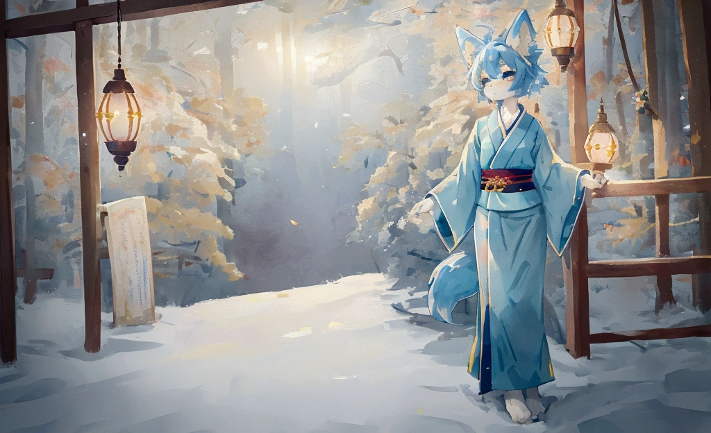 fox Light blue hair 　beast girl　indigo fur　fox beast girl　fox Light blue hair 　beast girl　indigo fur　fox beast girl　Wallpaper 4k,8k,highly detailled,,vivid colors,detailed kitsune with 9 tails,traditional Japanese artwork,tatami floor,beautiful cherry blossoms,floating lanterns,dark silhouette of a pagoda,subtle moonlight,dense forest,ethereal atmosphere,dappled sunlight,whimsical spirit,serene expression,elaborate kimono and obi,delicate hand-painted details,luminous eyes　Anime Style　fox　blue　White-faced golden-haired nine-tailed fox　Coat blue　　　mysterious background　Blue Flame　girl　have a ball of light Anime Style　fox　blue　White-faced golden-haired nine-tailed fox　Coat blue　　　mysterious background　Blue Flame　girl　have a ball of light