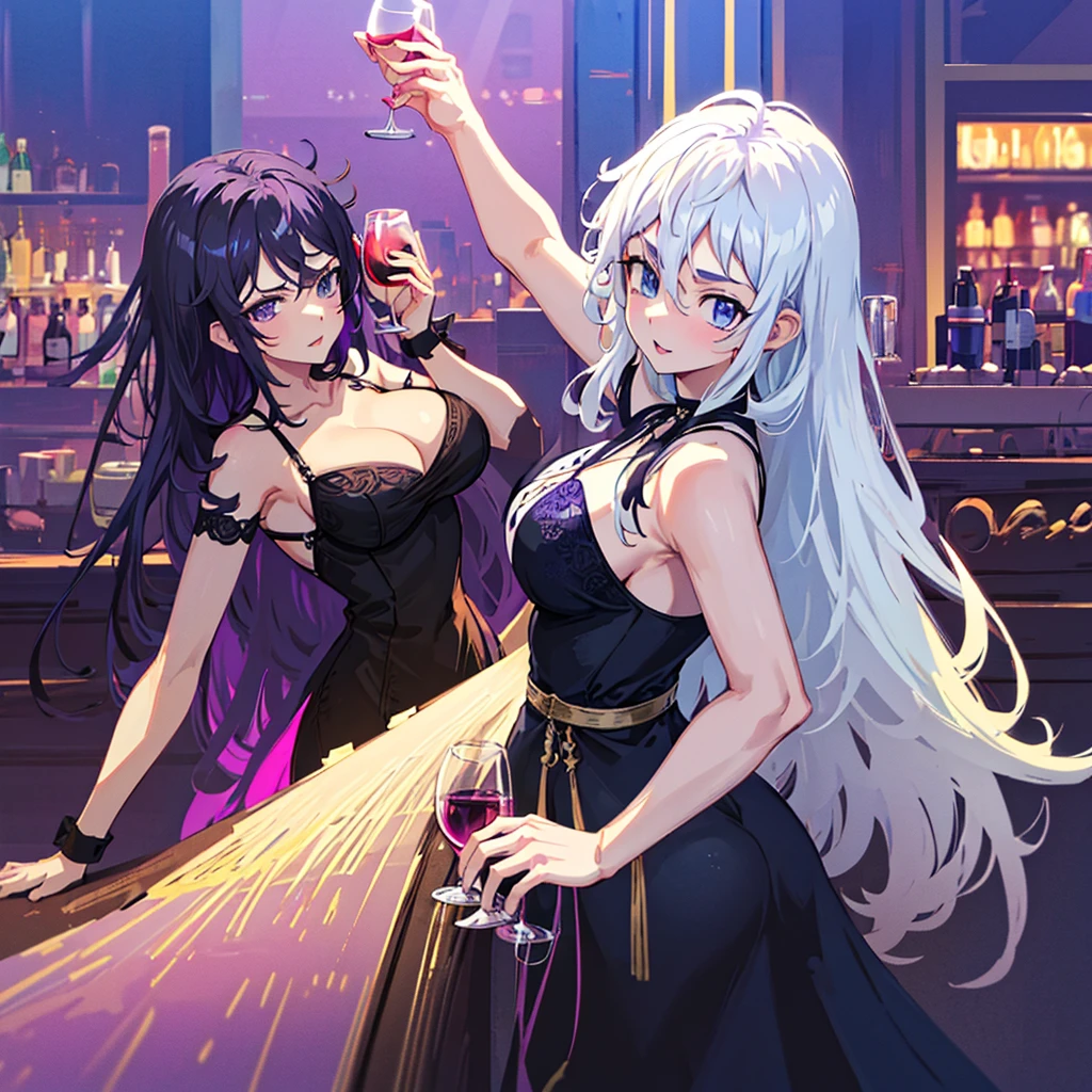 2 women one with long white hair a little wavy bright blue eyes in a sexy black dress with a glass of wine next to her a woman with long dark purple hair and bright purple eyes in a sexy black dress with a glass of wine in a club night