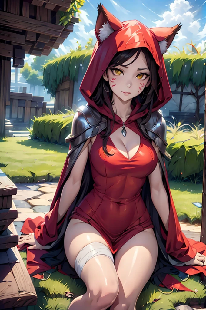 Grass, sky, Field, League of Legends, 1 girl, animal ears, bandage legs, long legs, bandage, bandage, bird legs, bird skull, layer, Shut up, ears through headdress, eyes visible through hair, facial marks, feathers, hood, hooded layer, wide, yellow eyes, Red hair, armor, blue chal, chal, chal, chal, chal wide, hooded chal, red dress, dress, nose ring, nostrils