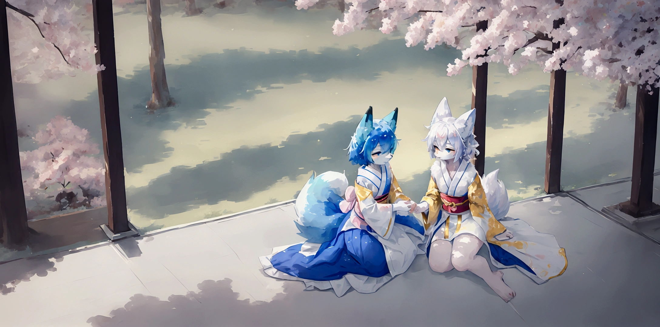 fox Light blue hair 　beast girl　indigo fur　fox beast girl　fox Light blue hair 　beast girl　indigo fur　fox beast girl　Wallpaper 4k,8k,highly detailled,,vivid colors,detailed kitsune with 9 tails,traditional Japanese artwork,tatami floor,beautiful cherry blossoms,floating lanterns,dark silhouette of a pagoda,subtle moonlight,dense forest,ethereal atmosphere,dappled sunlight,whimsical spirit,serene expression,elaborate kimono and obi,delicate hand-painted details,luminous eyes　Anime Style　fox　blue　White-faced golden-haired nine-tailed fox　Coat blue　　　mysterious background　Blue Flame　girl　have a ball of light Anime Style　fox　blue　White-faced golden-haired nine-tailed fox　Coat blue　　　mysterious background　Blue Flame　girl　have a ball of light