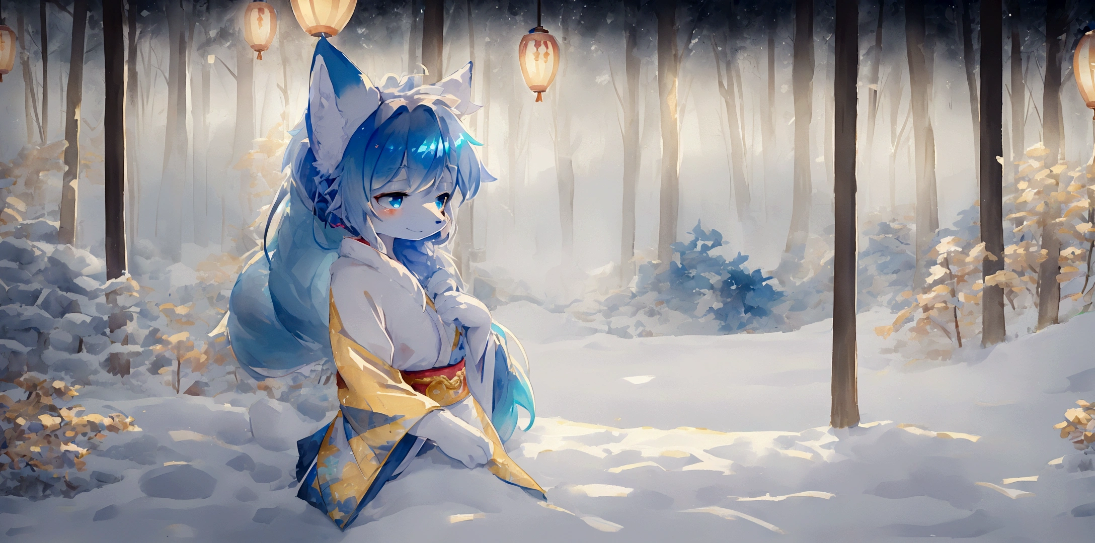 fox Light blue hair 　beast girl　indigo fur　fox beast girl　fox Light blue hair 　beast girl　indigo fur　fox beast girl　Wallpaper 4k,8k,highly detailled,,vivid colors,detailed kitsune with 9 tails,traditional Japanese artwork,tatami floor,beautiful cherry blossoms,floating lanterns,dark silhouette of a pagoda,subtle moonlight,dense forest,ethereal atmosphere,dappled sunlight,whimsical spirit,serene expression,elaborate kimono and obi,delicate hand-painted details,luminous eyes　Anime Style　fox　blue　White-faced golden-haired nine-tailed fox　Coat blue　　　mysterious background　Blue Flame　girl　have a ball of light Anime Style　fox　blue　White-faced golden-haired nine-tailed fox　Coat blue　　　mysterious background　Blue Flame　girl　have a ball of light