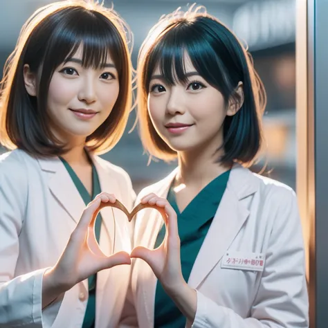 ((heart_hands_duo)), beautiful japanese female doctor wearing (white labcoat) and teal scrubs with cute japanese female nurse we...