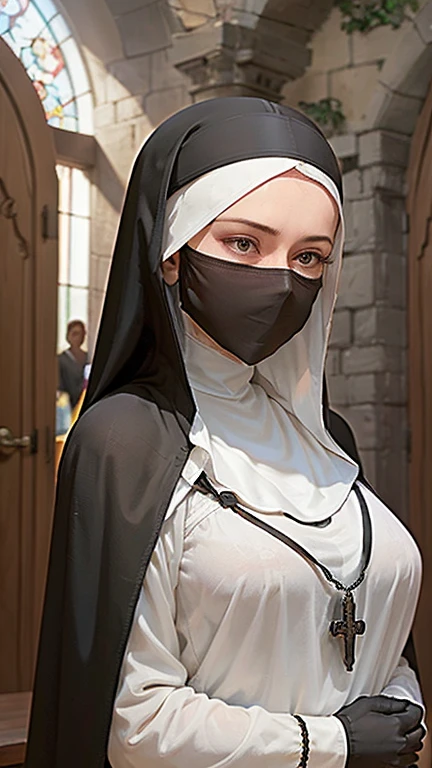 (Masterpiece, Young Nun), (High Quality, Spiritual Figure), (Female Character, Religious Icon), (Detailed Attire, Habit), (Nun's Veil, Covered Head), (Bare Neckline, Modest Plunge), (A veil covering the mouth, face veil fit his face, Long gloves), (Natural Complexion, Radiant Skin), (Soft Lighting, Holy Sanctuary), (Realistic Texture, Fabric Wrinkles), (Deep Focus, Close-up Portrait), (Young Face, Innocent Expression), (Hands, Holding Rosary Beads), (Gazing into the Distance, Contemplating), (Serene Environment, Monastery), 1girl, full body shot