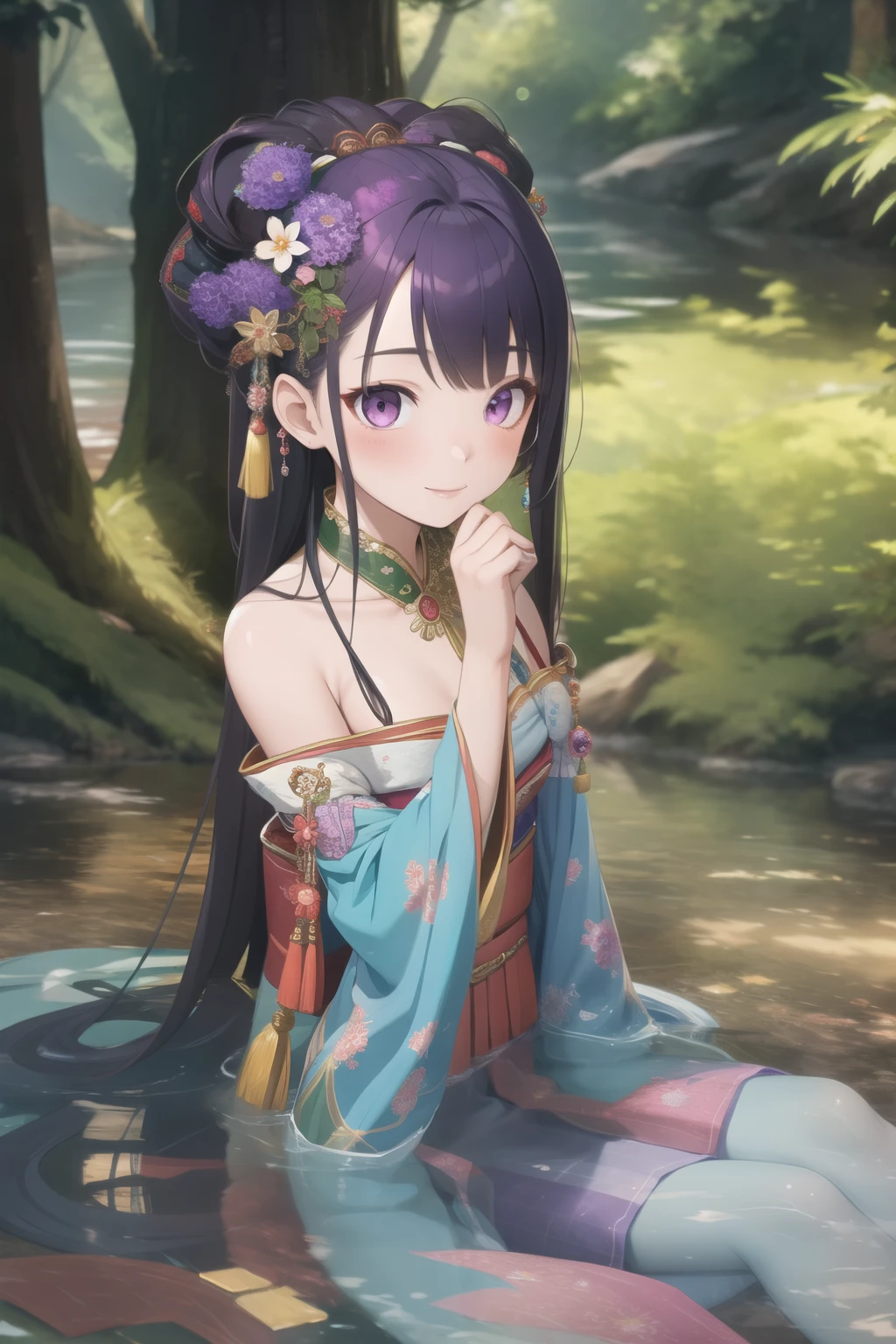 (masterpiece, best quality:1.2), Intricate details, Spirit Flower Soraka, 1 Girl, Purple Skin, Skin of color, Single speaker, kimono, Hair accessories, Bare shoulders, Smile