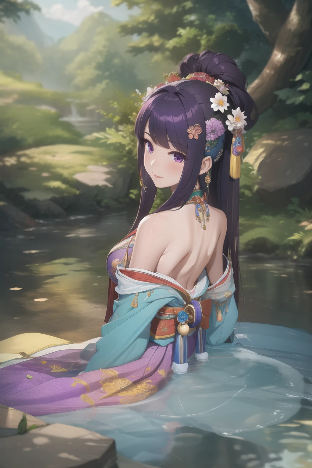 (masterpiece, best quality:1.2), Intricate details, Spirit Flower Soraka, 1 Girl, Purple Skin, Skin of color, Single speaker, kimono, Hair accessories, Bare shoulders, Smile