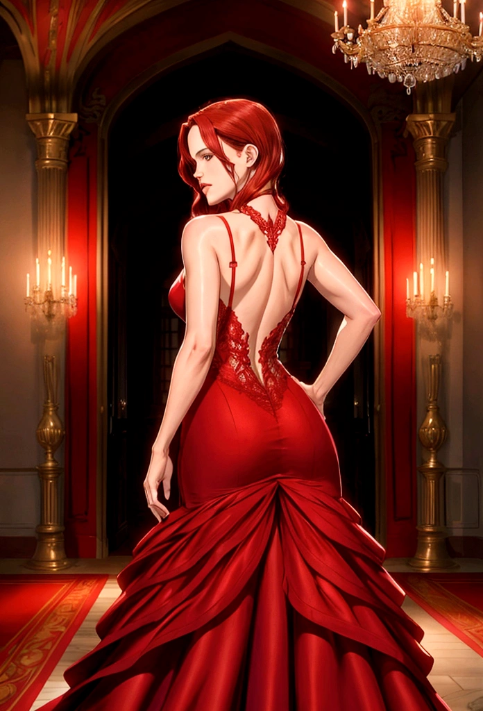 Jennifer Garner in a tight red evening dress, very sexy and revealing, with red bands, ((Red hair)), ((back view)), ((rear towards the camera)), in the ballroom of a castle
