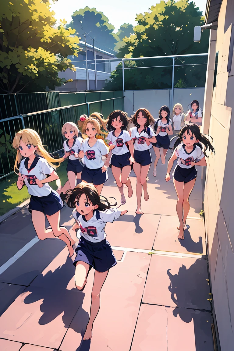 Highest quality,1990s anime style illustration,barefoot,Multiple Girls,Girls in gym clothes、Stand in line、Running in the schoolyard,All the girls are barefoot,The girls were sweating、I&#39;ll run for my life,White T-shirt and blue shorts,Several girls run side by side,Multiple Girlsたちを、Line up in a straight line、Let it run,running,The girls are out of breath、It&#39;s a tired look,