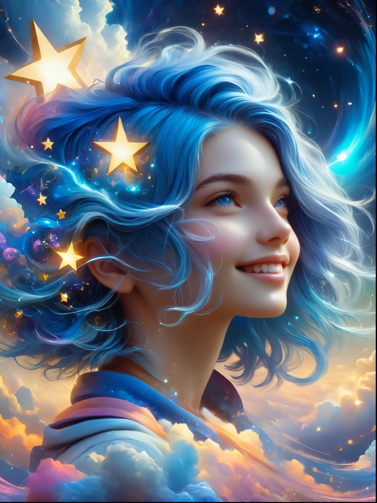 masterpiece, best quality, aesthetic, fantasy, illusion, 1girl, photo of cute girl, detailed face, relaxed smile, charming, asymmetrical hair, swaying hair, electric blue hair, glow, clouds, colorful sky, stars, broken, space style, swirl magic style, silva magic style, legendary, outstanding, exquisite, elegant, luxurious, creative, beautiful classic contemporary detailed cinematic composition, expressive dynamic dramatic atmosphere, spectacular lighting, symmetry, detailed, rich colors, ambient background, inspiring, lovely magnificent clear wonderful surreal perfect complex intricate colors, amazing epic huge momentum amazing strange fascinating massive