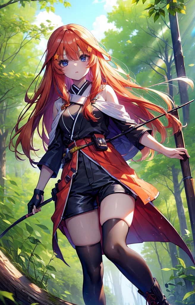 itsukinakano, itsuki nakano, bangs, blue eyes, Hair between the eyes, Redhead, star \(symbol\), hair ornaments, star hair ornaments,Long Hair,Owns an archery grip in the right hand,Carrying an archery bag,He has a quiver on one side, boots, Cape,gloves, red Knee socks, High heels, Shorts, Knee socks,whole bodyがイラストの中に入っていくように,歩いている
break outdoors, forest,forest林, break looking at viewer,whole body, 
break (masterpiece:1.2), Highest quality, High resolution, unity 8k wallpaper, (shape:0.8), (Fine and beautiful eyes:1.6), Highly detailed face, Perfect lighting, Highly detailed CG, (Perfect hands, Perfect Anatomy),